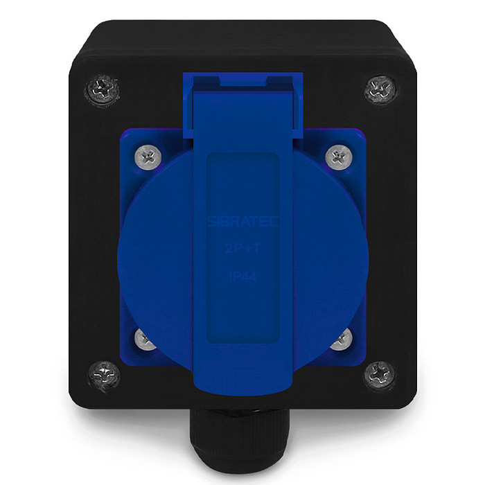 Tomada Azul c/ Tampa e Caixa Preta 2p+t 10A e 20a Padrão Brasileiro Trilho Din