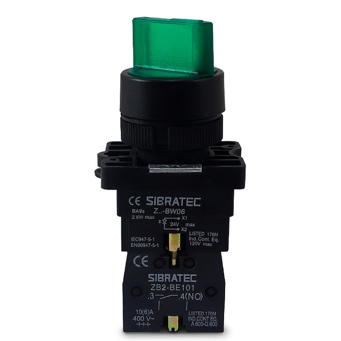Chave Seletora Iluminada Verde 24V com 3 Posições 2NA Plástica 22mm - XB2-EK3365