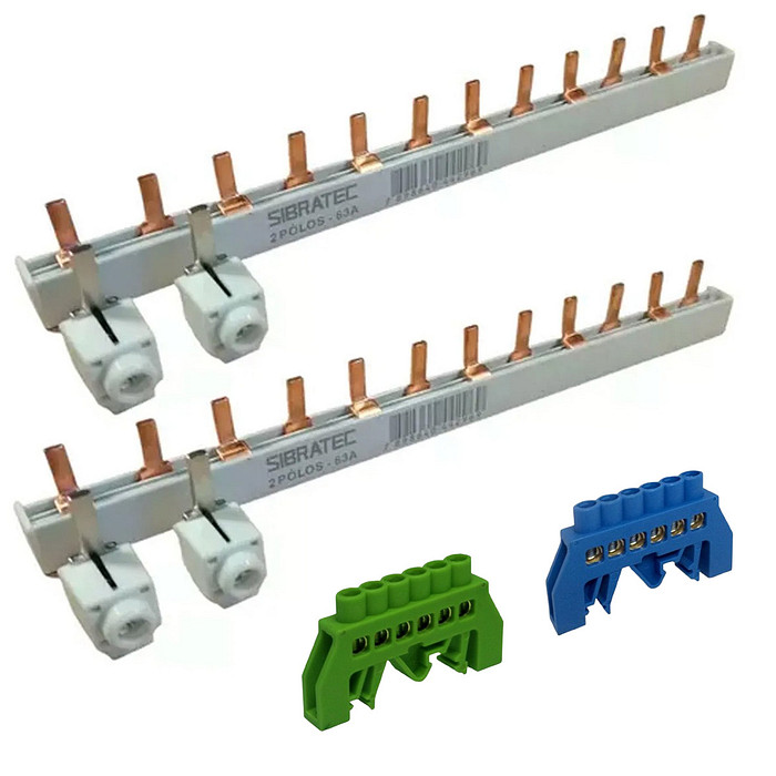 Kit 2 Barramentos Pente 2 Polos + Terra e Neutro + 4 Conector Genérico Quadros de Energia