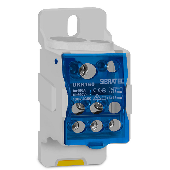 Bloco de Distribuição Monopolar 160A 2 Entradas 6 Saídas Modular Trilho DIN - UKK-160