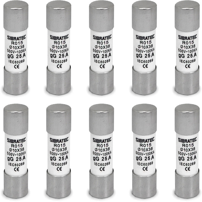 Kit 10 Fusível Tipo Cartucho Retardado gG de 25A | 10x38mm RO15 | 100kA 500V