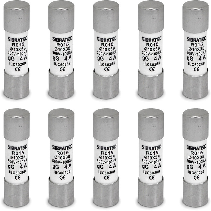 Kit 10 Fusível Tipo Cartucho Retardado gG de 4A | 10x38mm RO15 | 100kA 500V