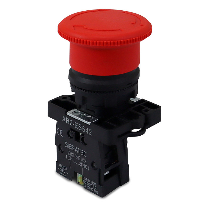 Botão de Emergência tipo Cogumelo 1NF (Destrava Girando) Plástico 22mm com Trava - XB2-ES542