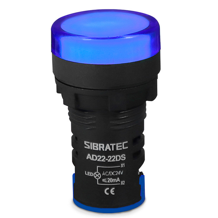 Sinaleiro LED Azul 12V-24V Padrão 22mm - AD22