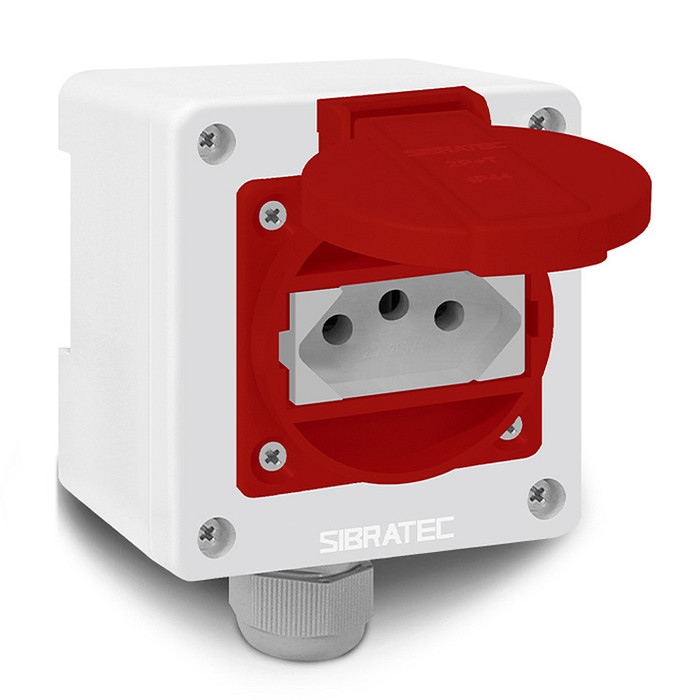 Tomada Vermelha c/ Tampa e Caixa Branca 2p+t 10A e 20a Padrão Brasileiro Trilho Din