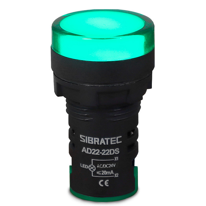 Sinaleiro LED Verde 12V-24V Padrão 22mm - AD22