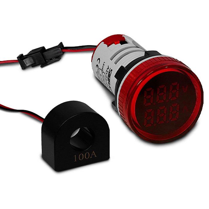 Voltímetro e Amperímetro Digital Vermelho 0-100A 500V 22mm - AD22-22 V/AMP-R