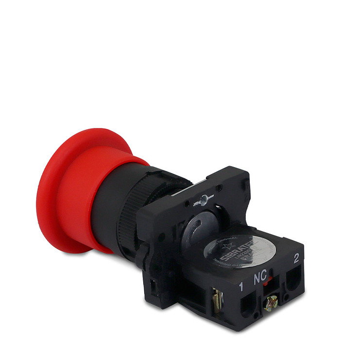 Botão de Emergência tipo Cogumelo 1NF (Destrava Puxando) Plástico 22mm com Trava - XB2-ET42
