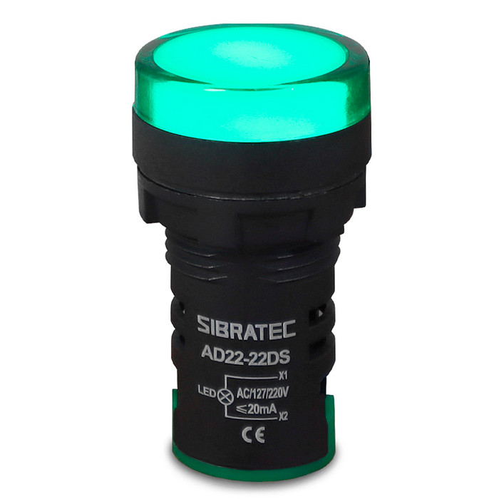 Sinaleiro LED Verde 110V-220V Padrão 22mm - AD22