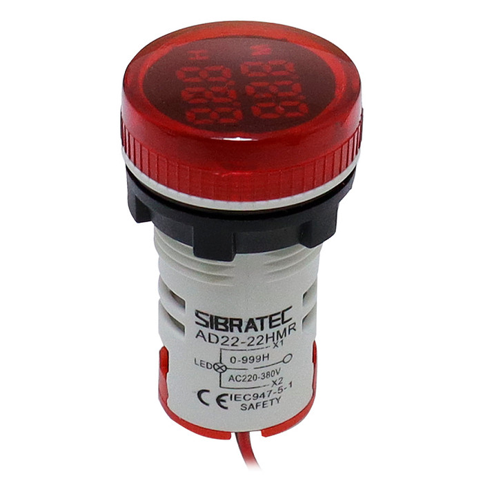 Horímetro Digital Medição 0-999 Horas 220V Vermelho Ø22mm - AD22-22HMR