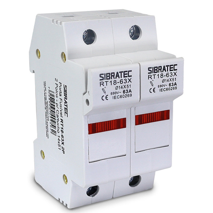 Porta Fusível Cartucho 2 Polos até 63A RO16 14x51mm 690V com LED Indicador - RT18-63