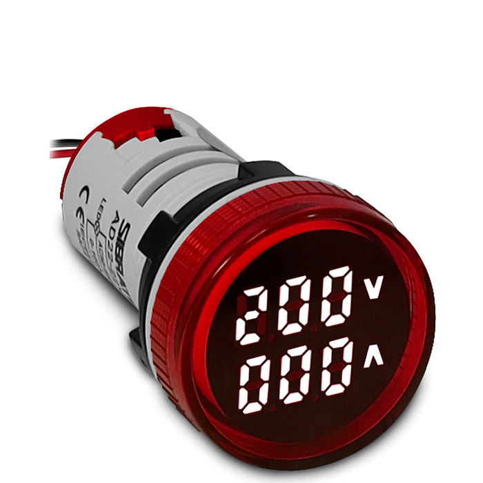 Voltímetro e Amperímetro Digital Vermelho 0-100A 500V 22mm - AD22-22 V/AMP-R