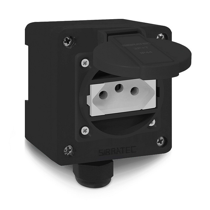 Tomada Preta c/ Tampa e Caixa 2p+t 10A e 20a Padrão Brasileiro Trilho Din