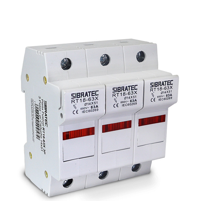 Porta Fusível Cartucho 3 Polos até 63A RO16 14x51mm 690V com LED Indicador - RT18-63
