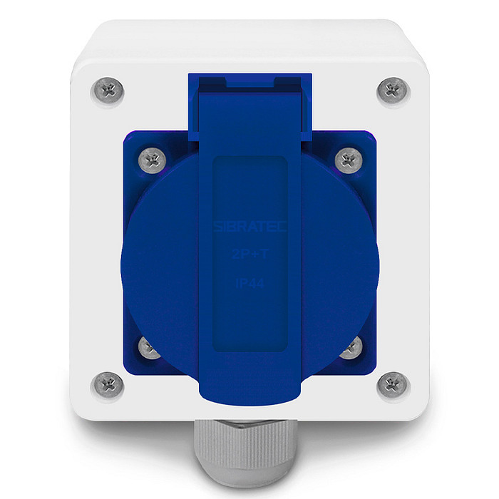 Tomada Azul c/ Tampa e Caixa Branca 2p+t 10A e 20a Padrão Brasileiro Trilho Din