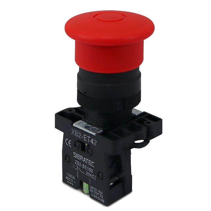 Botão de Emergência tipo Cogumelo 1NF (Destrava Puxando) Plástico 22mm com Trava - XB2-ET42