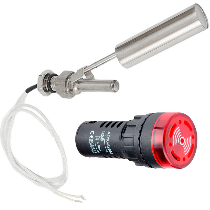 Kit Alarme Nível Boia Horizontal Inox + Buzzer Sinalizador Sonoro e Visual