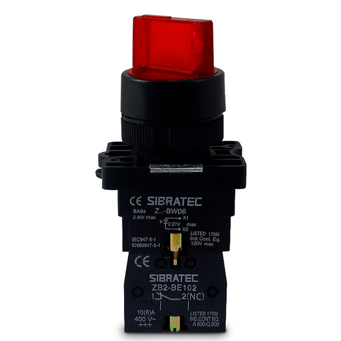 Chave Seletora Iluminada Vermelho 220V com 3 Posições 2NF Plástica 22mm - XB2-EK3465