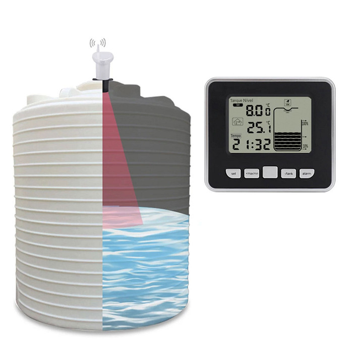 Medidor de Nível Ultrassônico com Display Remoto Medição 0-15m Alimentação à Pilha