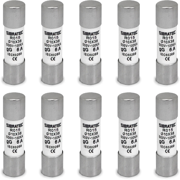 Kit 10 Fusível Tipo Cartucho Retardado gG de 6A | 10x38mm RO15 | 100kA 500V