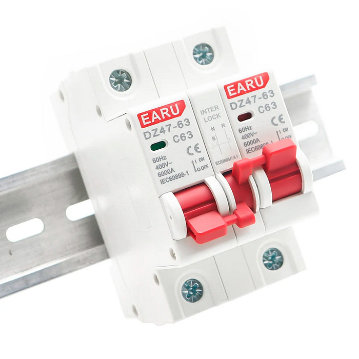 Chave Transferência 1+1 Polo 63A Trilho DIN Disjuntor Intertravado Rede Gerador - DZ-47