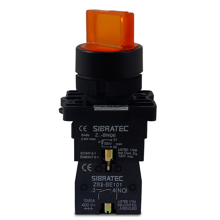 Chave Seletora Iluminada Amarelo 220V com 3 Posições 2NA Plástica 22mm - XB2-EK3565