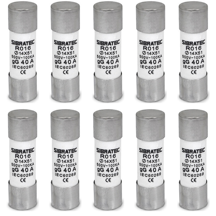 Kit 10 Fusível Tipo Cartucho Retardado gG de 40A | 14x51mm RO16 | 100kA 500V