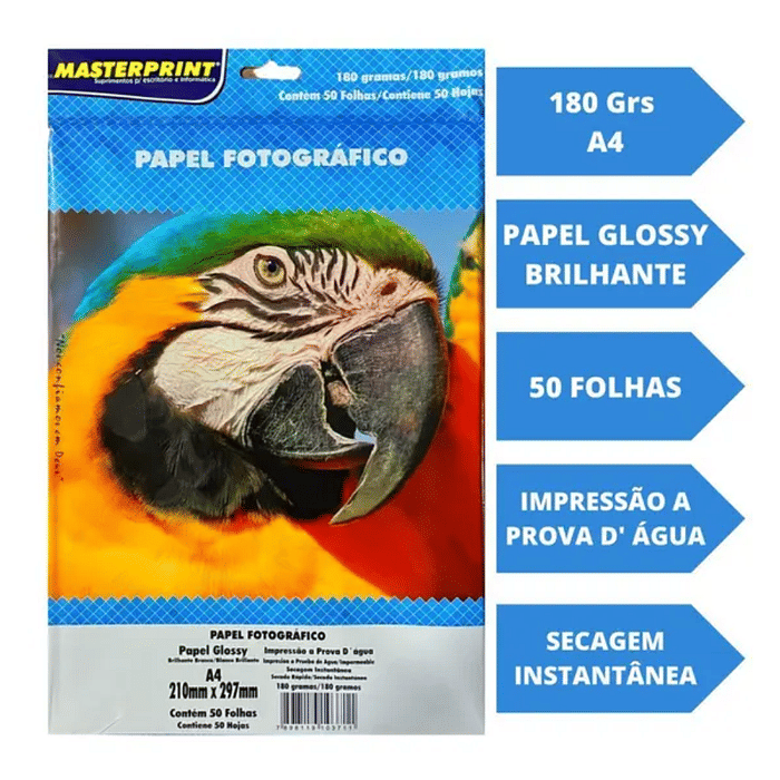 Papel Fotográfico 180g A4 50 folhas Glossy Resistente a Água - Masterprint - Papel Fotográfico
