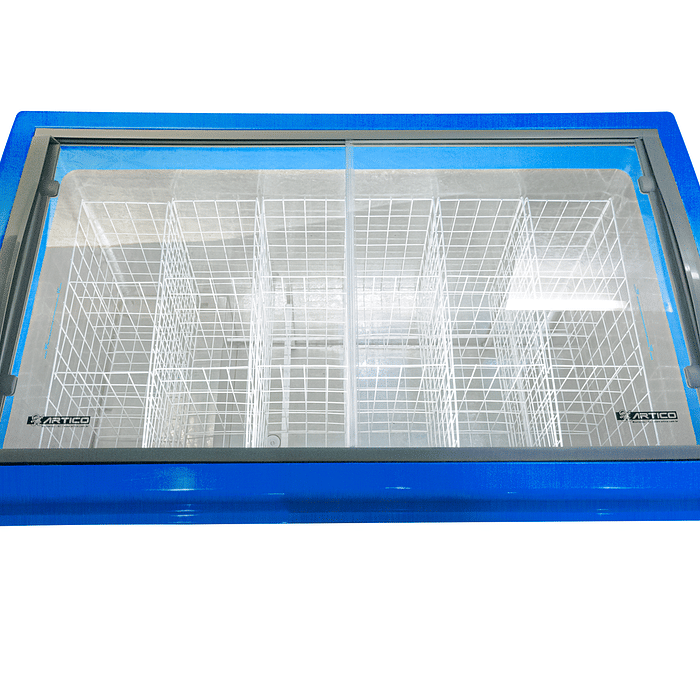 FH400B visão superior sobre tampo de vidro mostrando interior com cestos