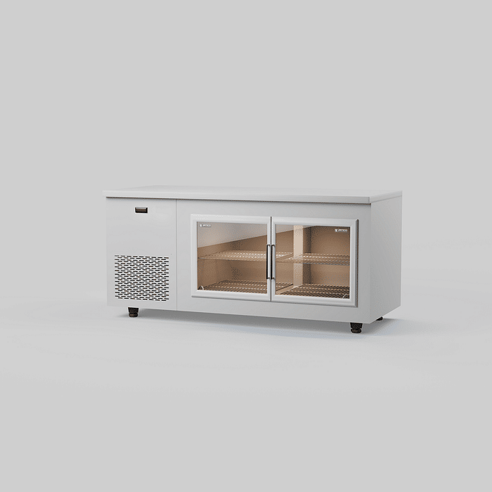 Visão lateral do balcão refrigerado branco duas portas 