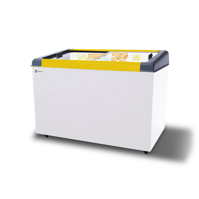 CONGELADOR FREEZER EXPOSITOR VITRINE NEW SLIM 350 BIVOLT VCC AMARELO CAP EQUIV 400 LT