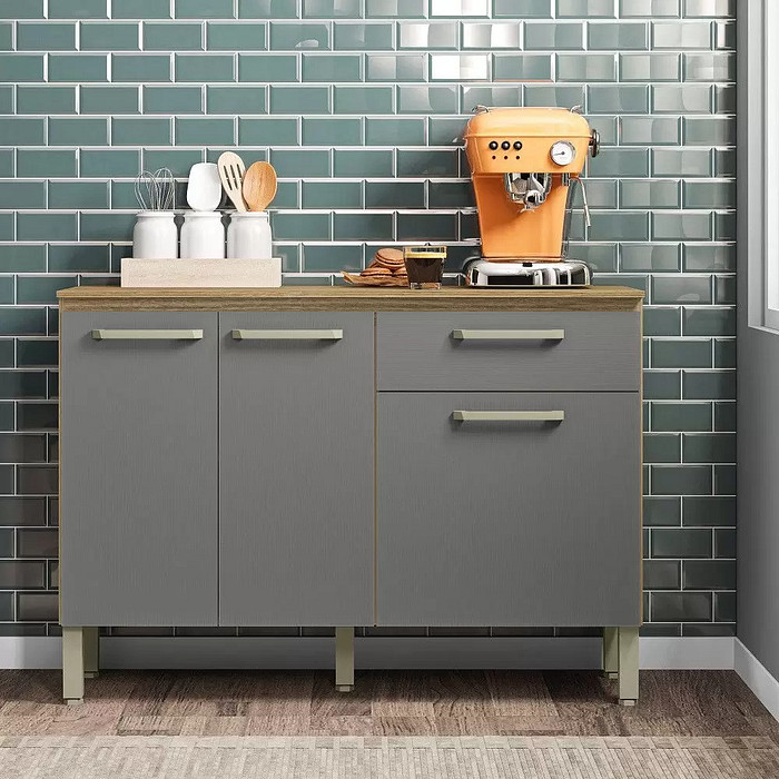 Balcão de Cozinha com Tampo 3 Portas 1 Gaveta 120cm Paraná Versalhes Freijó/Griss