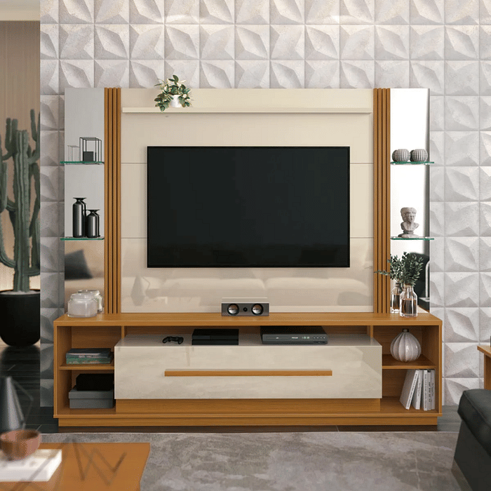Estante Home para TV até 60 Polegadas com Espelho 1 Gaveta Dupla Império Off White/Cedro - EDN