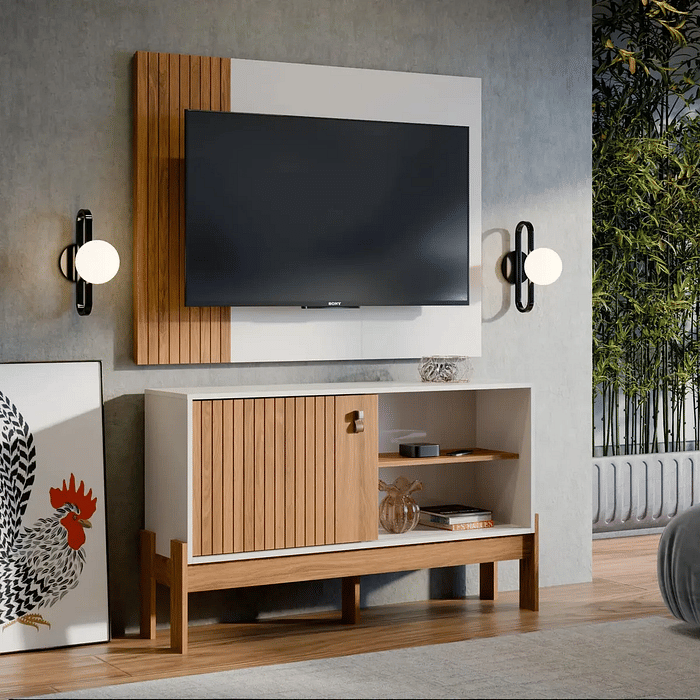 Combo Rack Painel Wood 1.2 Mobler Cinamomo Mel/Off White