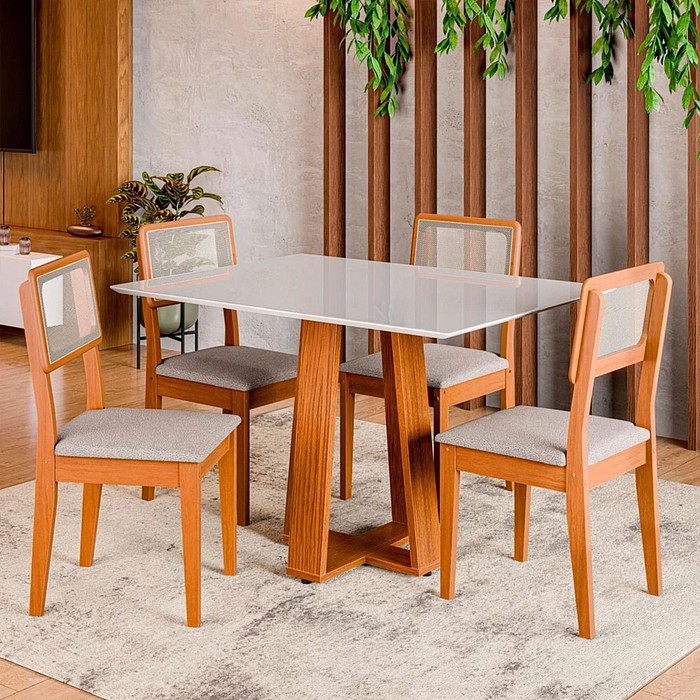 Conjunto Mesa de Jantar Montana 120x90 cm com 4 Cadeiras – Dobue | Cinamomo/Branco Off/Nevoa Bouclé com Vidro