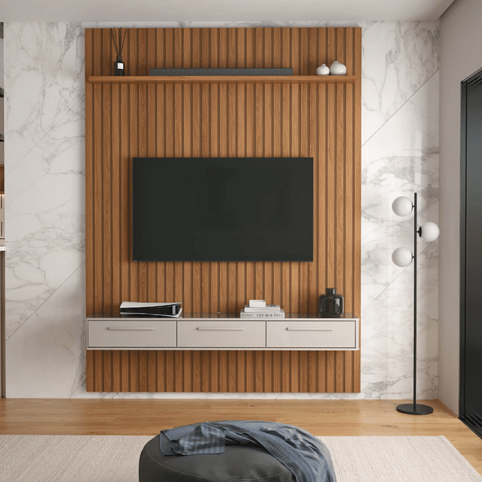 Painel Frisado Oslo 1.9 em MDF para TV até 75 Polegadas com Bancada Bali Jequitiba/Off White - Lukaliam Móveis