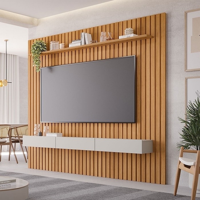Painel Ripado para TV 75 Polegadas em MDF Permóbili Maragogi 230cm Nature/Off White