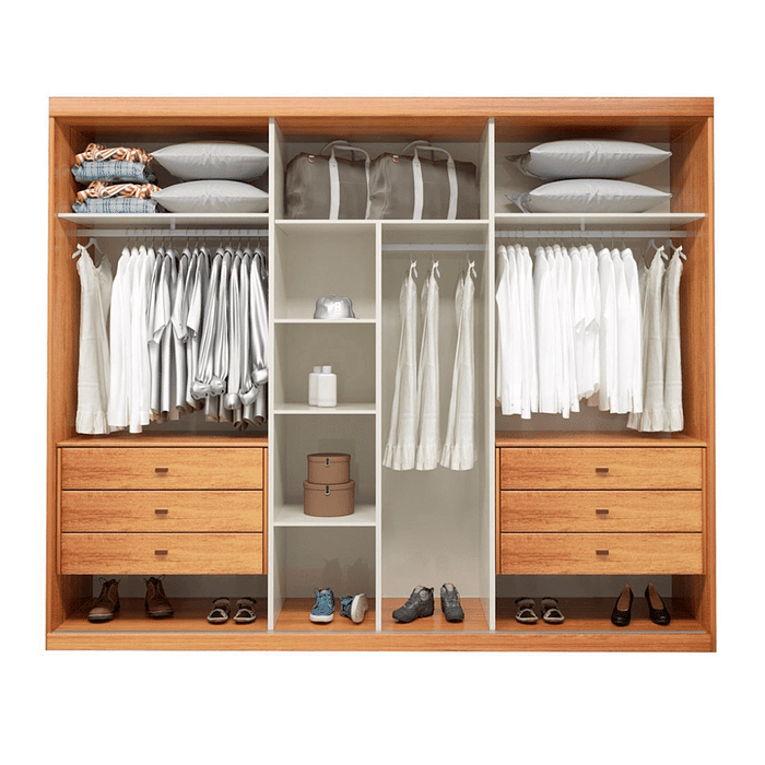 Guarda-Roupa Casal Com Espelho Em MDF 6 Portas, Madrid Boss Ripado  Naturalle/Off White - Bom Pastor