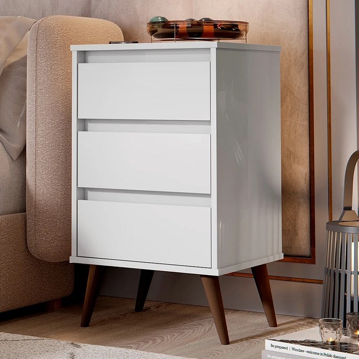 Mesa de Cabeceira Retrô 3 Gavetas EJ Móveis Retro Wood Branco