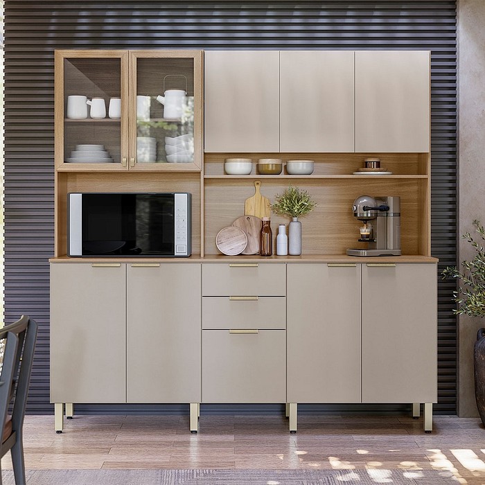 Kit Cozinha Compacta Amora 10 Portas e 2 Gavetas Demóbile - Amendoa/Nude Texturado
