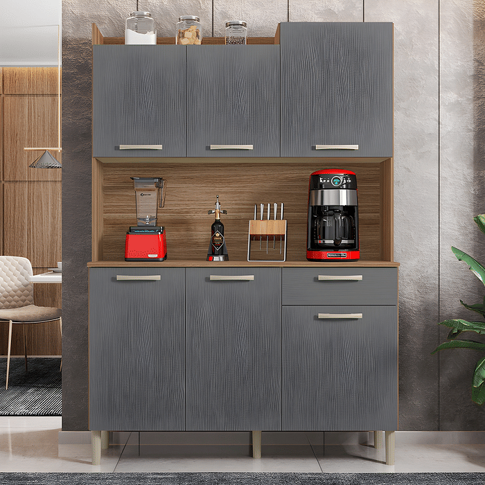 Armário de Cozinha Kit 6 Portas Kits Paraná Gênova Freijo/Gris
