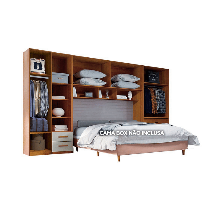 Guarda-Roupa Casal Modulado Tivoli 4 Peças 100% MDF com Mesa de Cabeceira, Natural/Bege - Bom Pastor