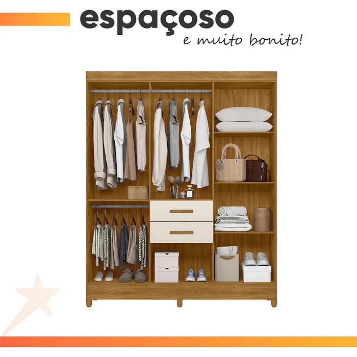 Guarda Roupa Casal Malta com 7 Portas e 2 Gavetas Freijó/ Off White - Moval Moveis