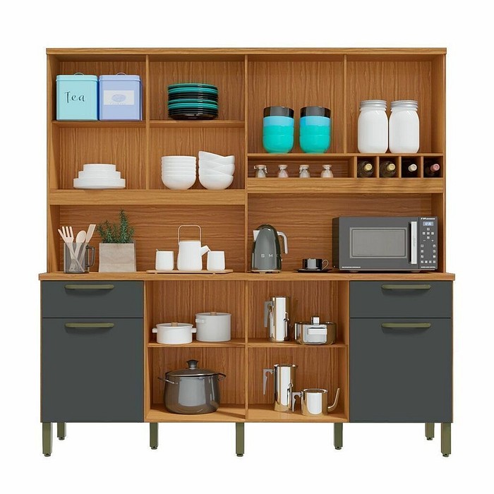 Armário de Cozinha Kit Cabernet Prime 100%MDF, Amendoa com Grafite - Ronipa