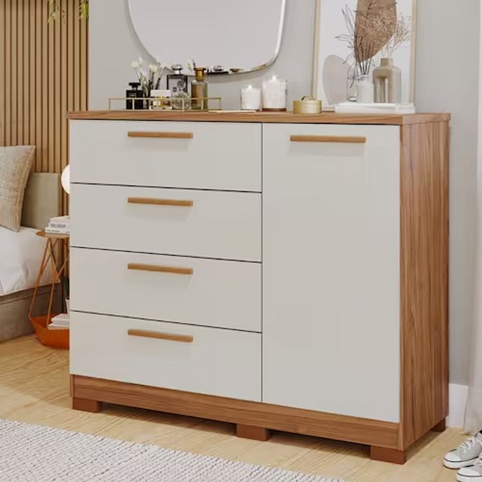 Cômoda Malu Panan 4 Gavetas e 1 Porta 100% MDF– Cinamomo/Off White