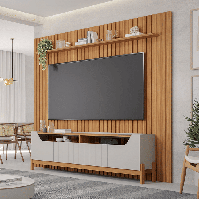 Rack com Painel 2.3 Ripado para TV 75 Polegadas em MDF Permóbili Moema Nature/Off White