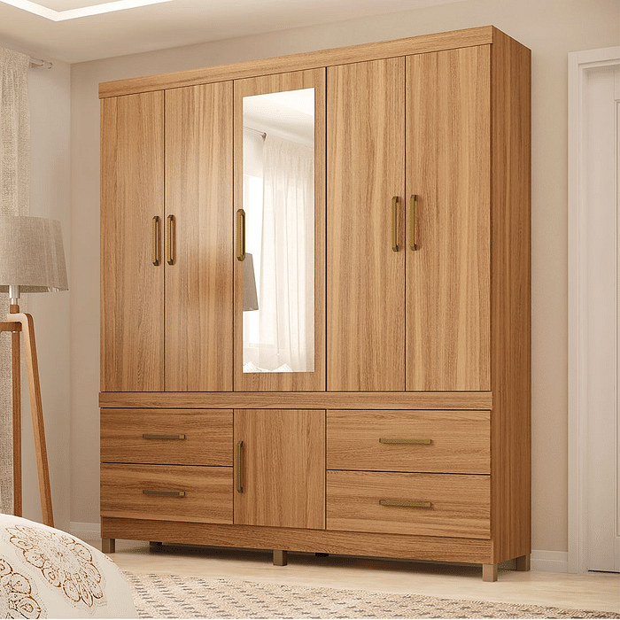 Guarda Roupa Casal Com Espelho 6 Portas Demobile Guarujá Amêndoa