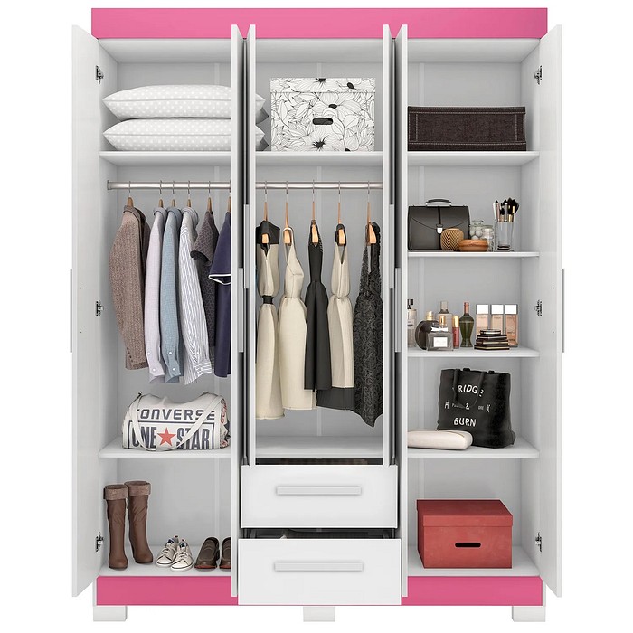 Guarda-Roupa Solteiro 6 Portas 2 Gavetas NT 6015 Notável - Branco/Rosa Flex