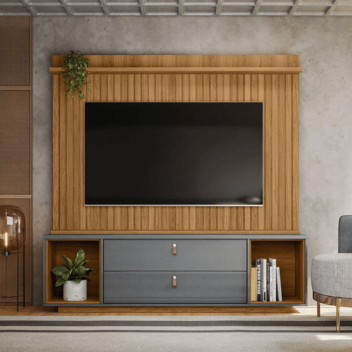 Estante Home Para TV 75 Polegadas com Rodízios Embutidos Lukaliam Dakar Freijó/Cinza Perolizado