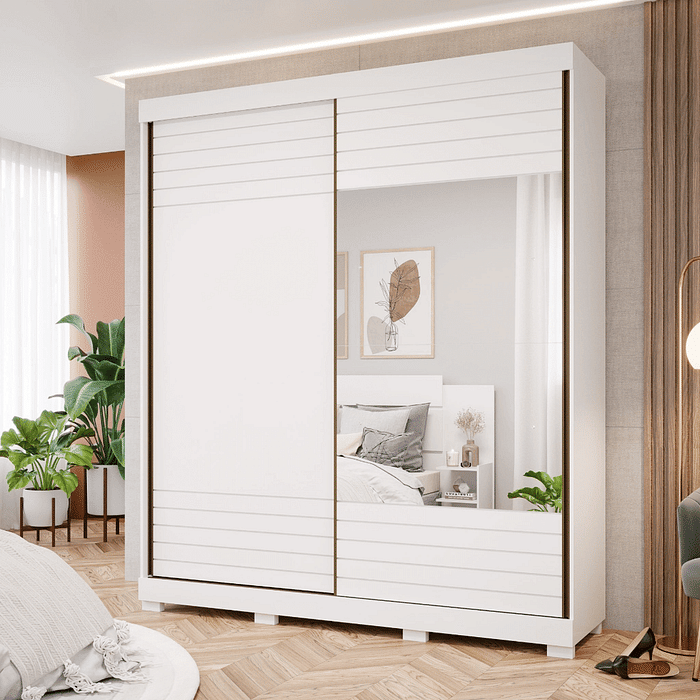 Guarda-Roupa Casal Com Espelho 2 Portas de Correr em MDF Panan Móveis Luana Branco